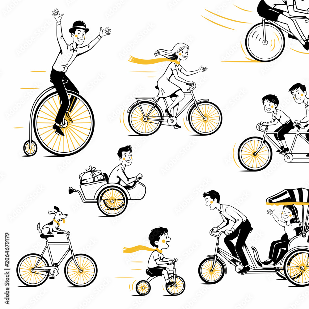 Naklejka premium Diverse Collection of People Riding Various Vintage and Modern Bicycles in Comic Style