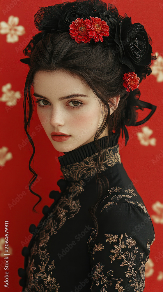 Fototapeta premium Captivating portrait of beautiful young woman with freckles wearing elegant black Victorian-style embroidered dress adorned with vibrant red floral hair accessories against red backdrop
