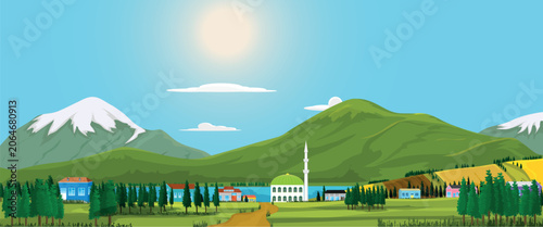 Village landscape with a mosque