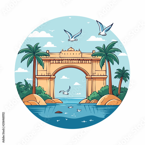 Archway Landmark with Palm Trees and Seagulls