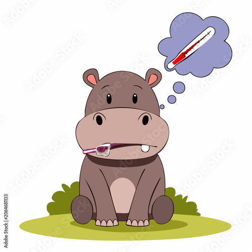 Cartoon Hippo Brushing Teeth with Thermometer Thought Bubble