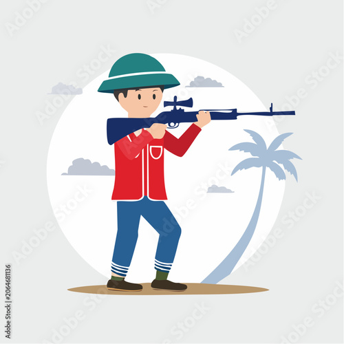 Cartoon Soldier Aiming Rifle with Sniper Scope