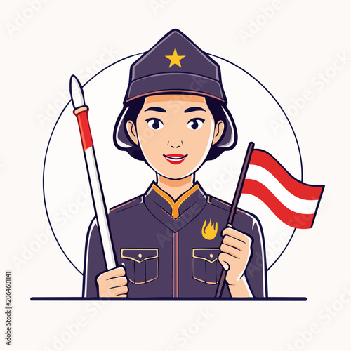 Cartoon Woman in Uniform Holding Flag and Baton