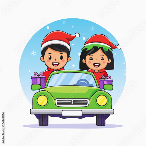Children in Santa Hats with Gifts Driving a Car