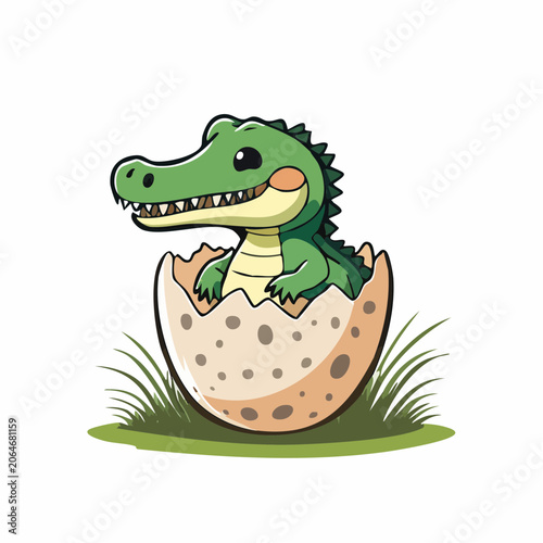 Cute baby alligator hatching from an egg