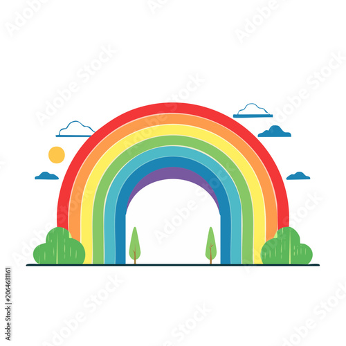 Colorful Rainbow with Trees and Clouds Illustration