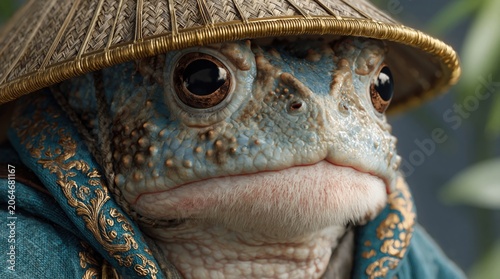 Close up portrait of an anthropomorphic blue toad wearing a traditional conical straw hat. Fantasy creature character in embroidered blue robe