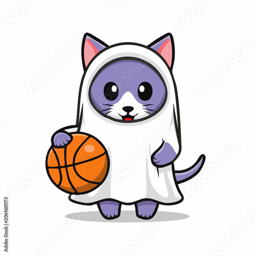 Cute Cat Dressed as a Ghost Holding a Basketball