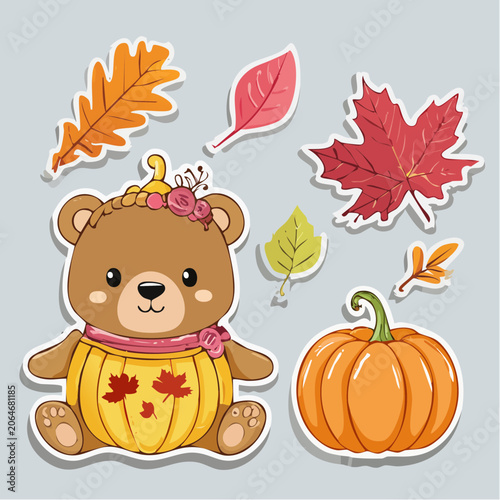 Cute Teddy Bear in Pumpkin Costume with Autumn Leaves and Pumpkin