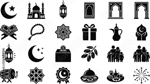Fényképezés Islamic and Ramadan solid glyph icon set for Muslim religious celebration featuring mosque crescent moon lantern quran prayer rug and traditional elements vector illustration
