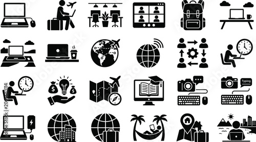 Valokuva Remote work and digital nomad solid glyph icon set for freelance lifestyle online education business travel and working from anywhere vector illustration