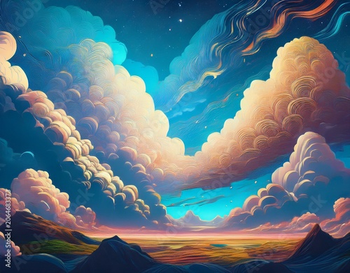 a painting of a sky filled with clouds