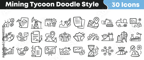 Collection of hand drawn mining tycoon icons in doodle style