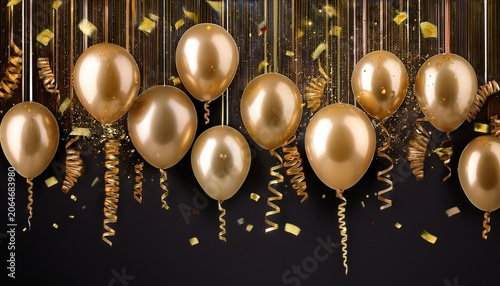gold confetti balloons cascade down vibrant banner decoration ribbon