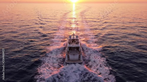 Luxury motor yacht cruising on open ocean leaving water wake during golden hour sunset