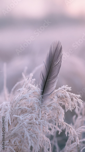 A soft winter macro image featuring a pale feather nestled among frost-covered grasses in gentle pastel light.