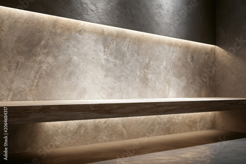 A contemporary interior display shelf with textured stone walls, warm accent lighting and minimalist architectural styling.