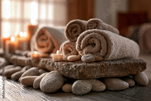 A relaxing wellness scene with rolled towels, smooth stones and glowing candles arranged in a tranquil spa setting.
