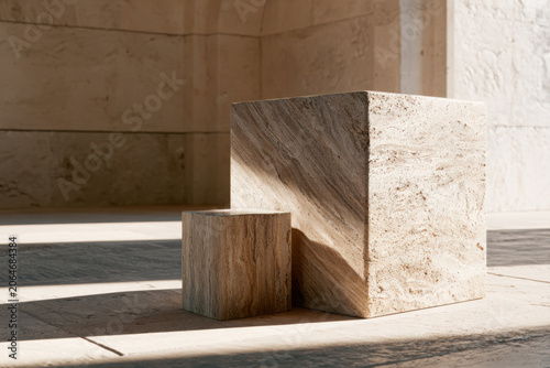 A minimalist arrangement of travertine stone cubes illuminated by warm sunlight creating an elegant product display scene.