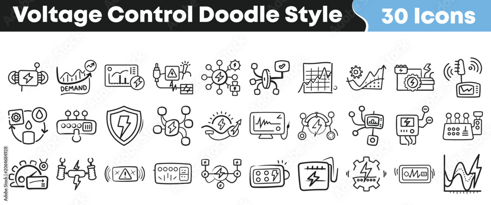 Naklejka premium Hand drawn set of thirty voltage control icons in doodle style
