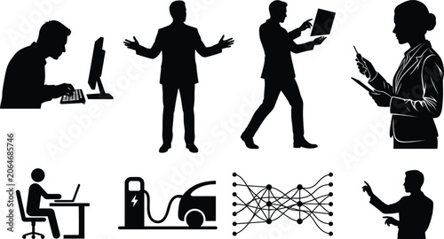 Business corporate and tech professional vector silhouette icons set featuring coding data analysis public speaking and electric car charging