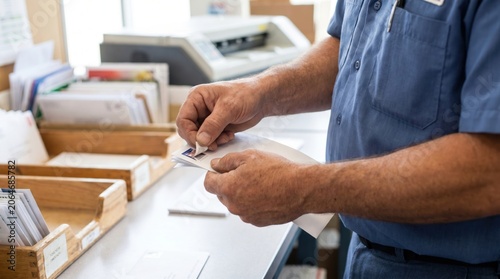 Postal worker affixing a postage stamp to a white envelope in a mailroom