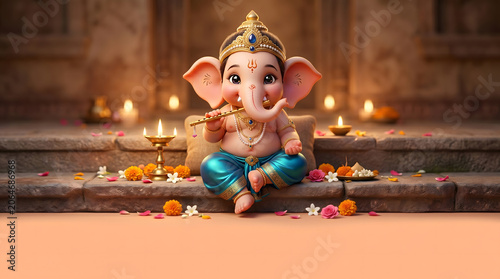 Baby ganesha playing flute on temple step with candle and marigold decoration