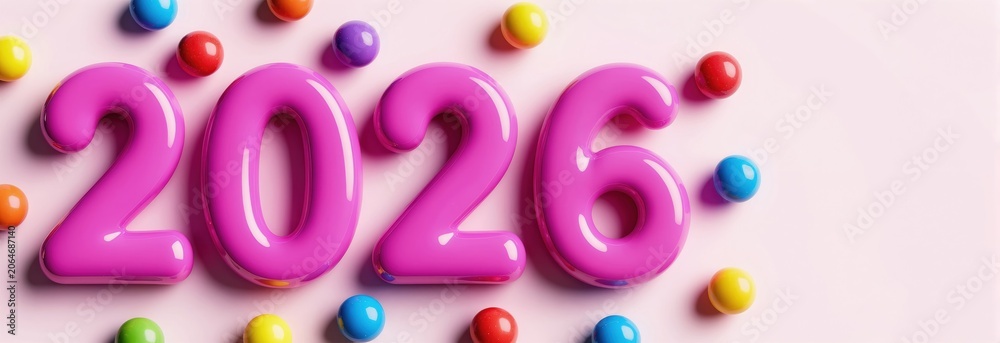 Fototapeta premium Bright pink number 2026 floats surrounded by colorful candy balls. Festive greeting for upcoming new year celebration. Sweet number concept for holiday event.