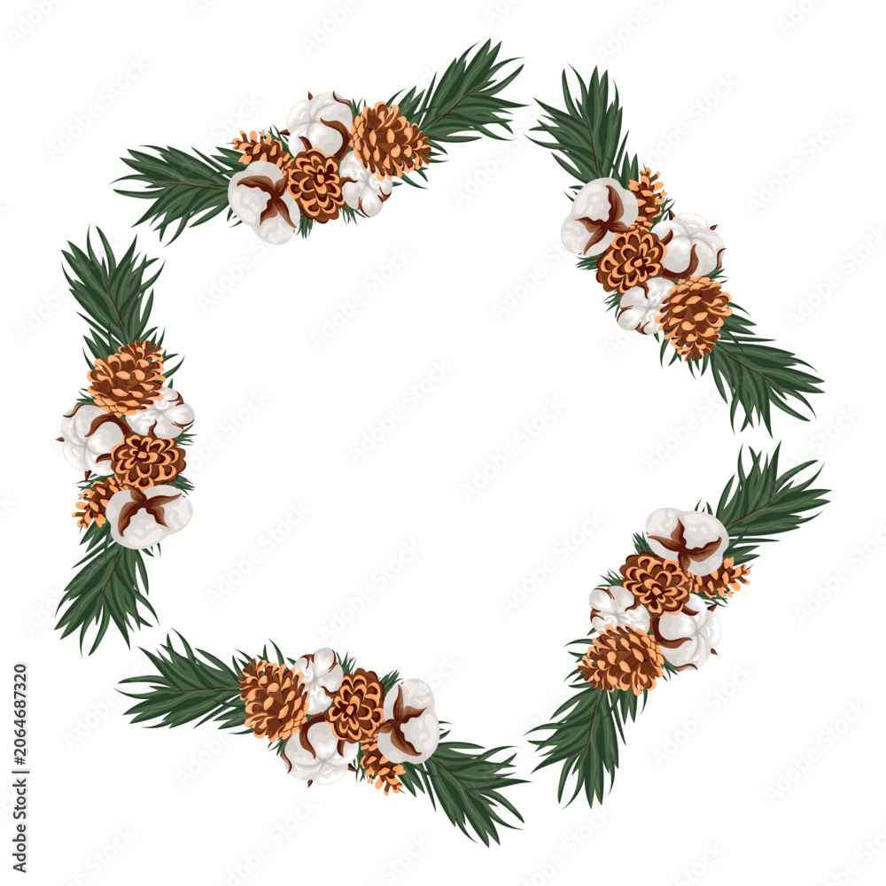 Naklejka premium decorative round frame with pine cones, coniferous branches and cotton flowers in the shape of a round wreath, for holiday posters, postcards, social networks and promotional materials