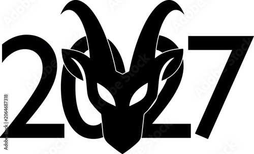 design of the number 2027 with the head of a goat, which is the symbol of 2027, for calendars, greeting cards, posters and New Year branding