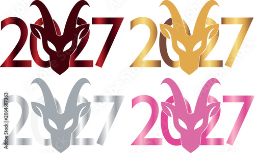 set of designs of the number 2027 with the head of a goat, which is a symbol of 2027, with different color gradients, for calendars, greeting cards, posters and New Year's branding