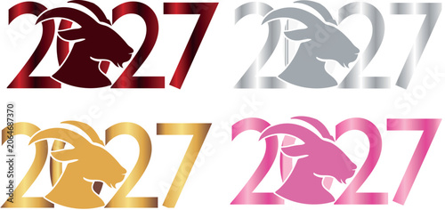 set of goat silhouettes integrated into the numbers 2027 with different color gradients, for calendars, greeting cards, posters and New Year's branding