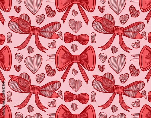coquette seamless pattern with red doodle hand drawn hearts ribbon and bows on pink background vintage whimsical borders preppy background for fabric prints wallpaper or wrapping paper
