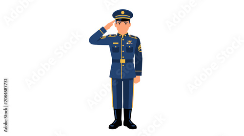 Tableau sur toile Illustration of a military officer in a blue uniform saluting with a white background
