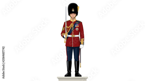 Photos Illustration of a British guard in a traditional red uniform with gold accents standing on a white platform against a plain white background