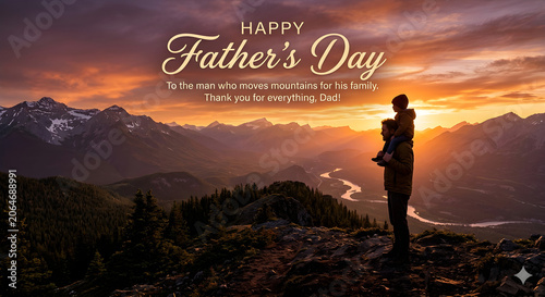 Father's Day Greeting with Silhouette of Dad and Child at Sunset Mountains.