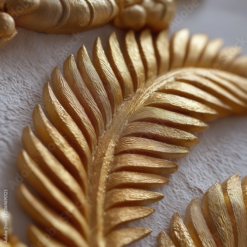 Close up of golden leaf relief carving on white textured wall. Metallic fern sculpture detail. Luxury botanical wall art decoration