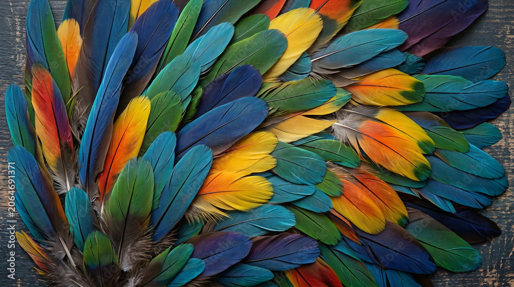 Obraz premium Vibrant Multicolored Tropical Macaw Bird Feathers Arranged in an Abstract Pattern Texture Background