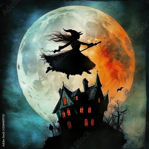Halloween Night. Witch. Haunted House. A Witch Flies Across the Moon, Casting a Shadow on a Haunted House. Spooky, Magical, Halloween
