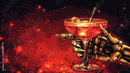 Halloween party background. Spooky skeleton hand holding a cocktail drink