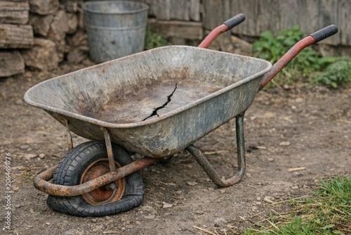 A worn-out wheelbarrow sits in the ground, showing signs of age and disuse