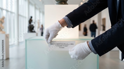 Museum worker in white gloves placing description placard next to ceramic artwork on display pedestal