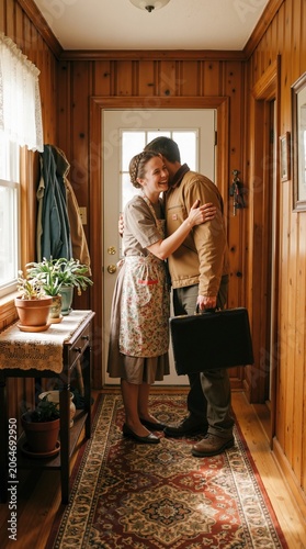 A smiling tradwife in a dress and apron embraces her husband, who is holding a briefcase, in a cozy, wood-paneled home entrance, symbolizing traditional domestic life and reunion. Generative AI.