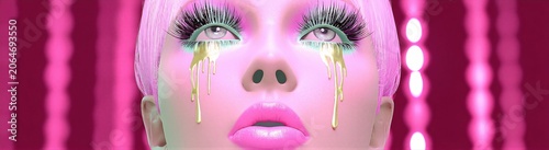 Close up of a woman with pink skin and hair looking up. Surreal makeup with metallic gold tears dripping down her face. Futuristic fantasy concept
