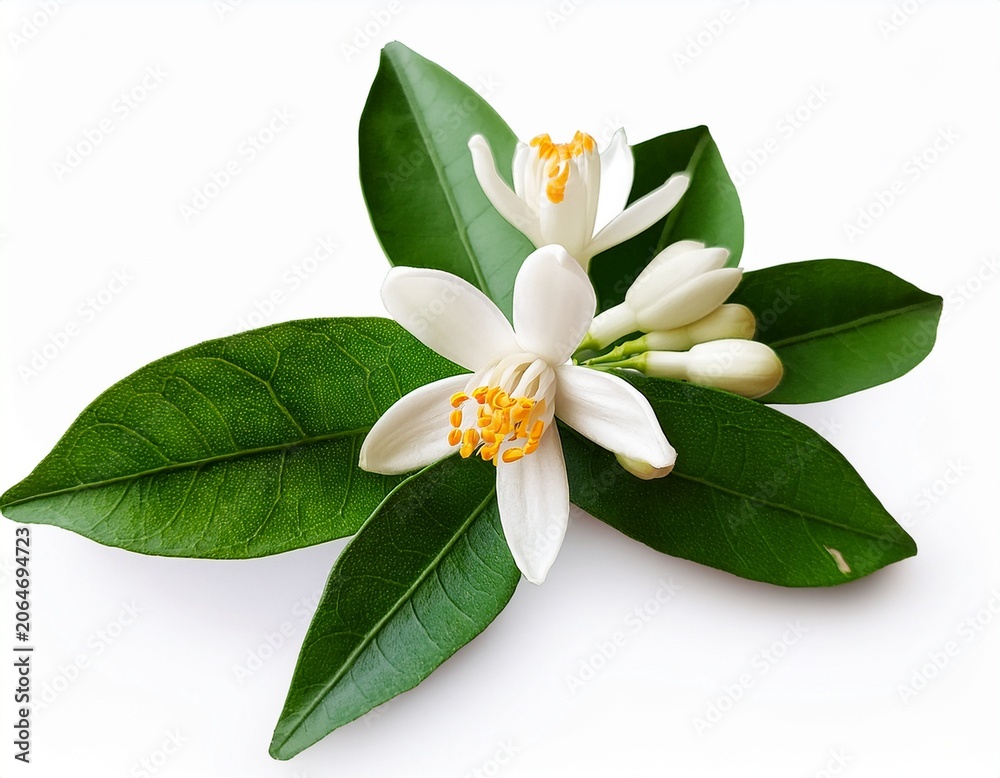 Naklejka premium neroli citrus aurantium flower isolated on white fresh white neroli flowers green leaf natural orange flower for attar perfume neroli essential oil isolated macro closeup flowers buds leaf