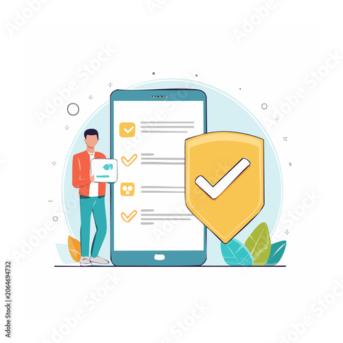 Man with smartphone and security shield illustration