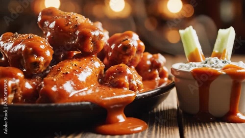 Closeup of saucy chicken wings in a dark bowl with glossy glaze, warm bokeh lights create a cozy party mood, served with celery sticks and dip