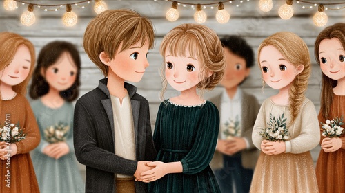 Digital illustration of a young couple holding hands at a wedding celebration. Cute characters with bridesmaids and string lights background