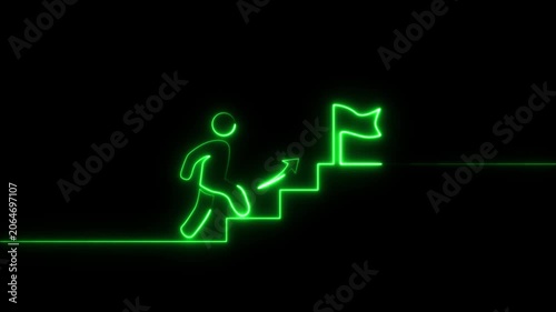 Green Neon Figure Climbs Stairs Towards Success Flag