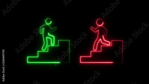 Green and Red Neon Figures Ascend Separate Stairs abstract